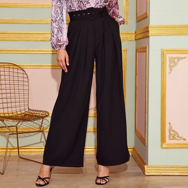 

Buckle Belted Pleated Detail Wide Leg Pants, Black