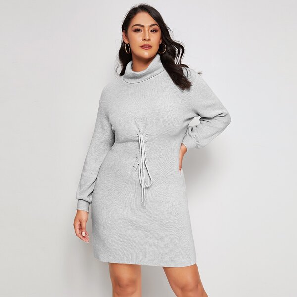 

Plus High Neck Drawstring Waist Sweater Dress, Grey