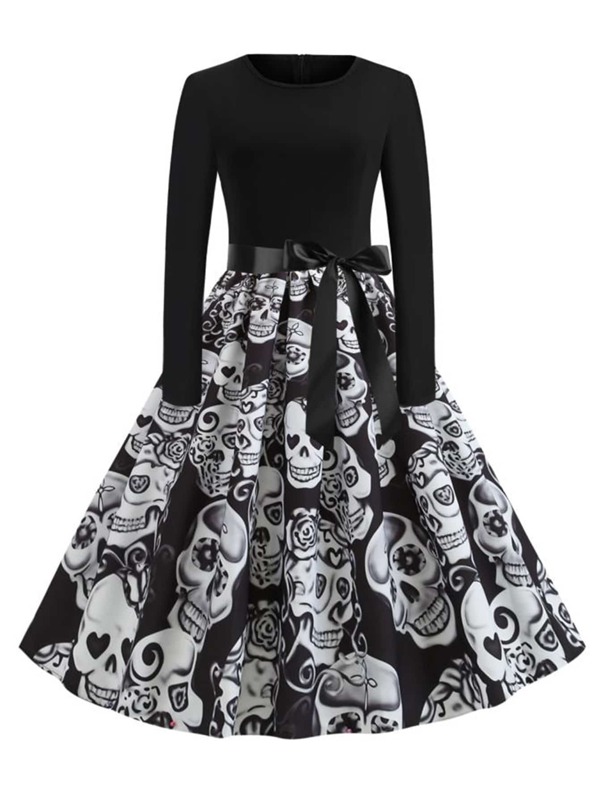 

Plus Skull Print Belted Ball Gown Dress, Black and white