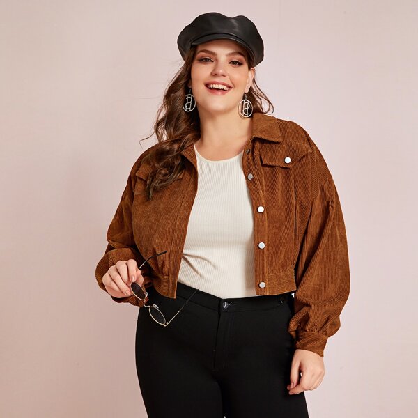 

Plus Corduroy Lantern Sleeve Solid Jacket, Brown