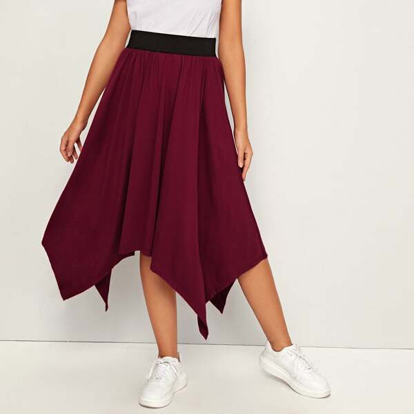 

Elastic Waist Hanky Hem Skirt, Burgundy
