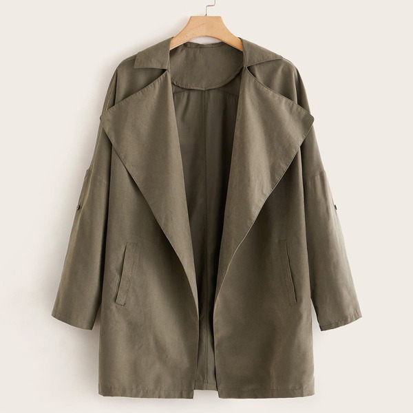 

Plus Solid Roll Up Sleeve Waterfall Coat, Army green