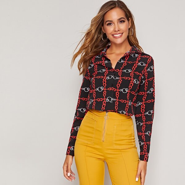 

Chain Print Button Front Blouse, Black