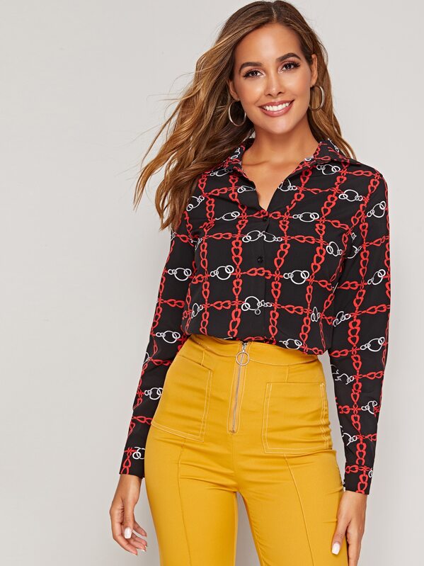 

Chain Print Button Front Blouse, Black, Giulia