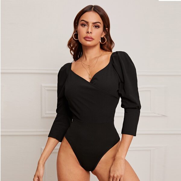 

Surplice Front Sweetheart Skinny Bodysuit, Black