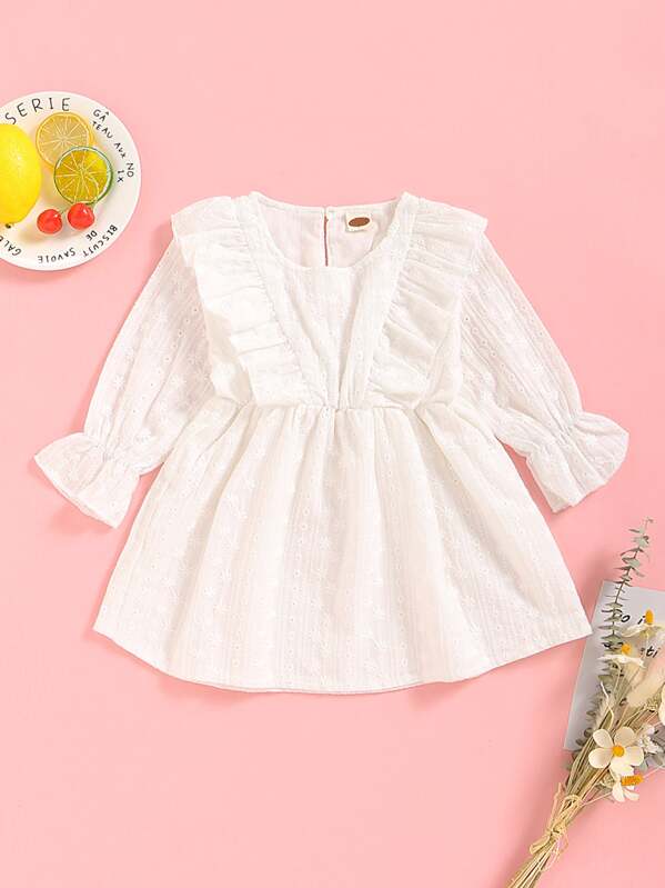 

Baby Girl Eyelet Embroidery Ruffle Trim A-line Dress, White
