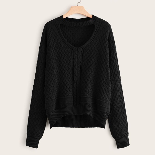

Plus Cut Out Front Waffle Knit Sweater, Black