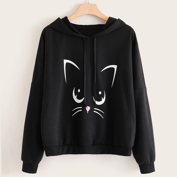 

Plus Cat Print Drop Shoulder Drawstring Hoodie, Black
