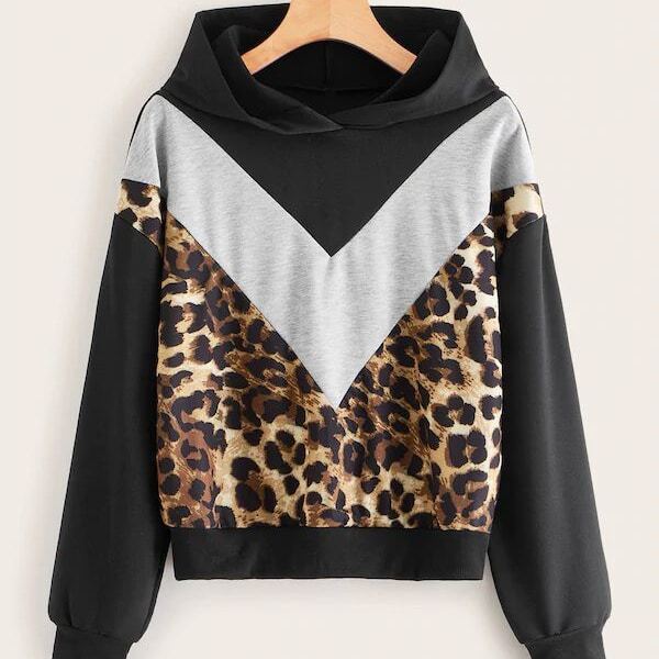 

Plus Colorblock Leopard Print Hoodie, Multicolor