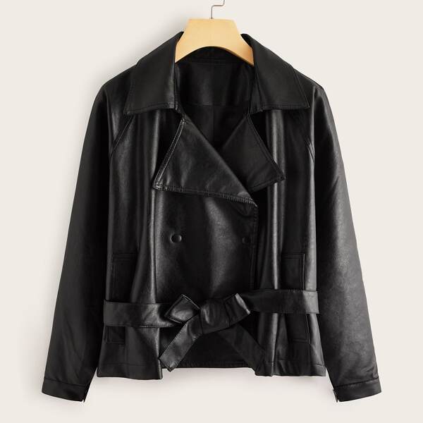 

PU Lapel Neck Button Through Belted Biker Jacket, Black