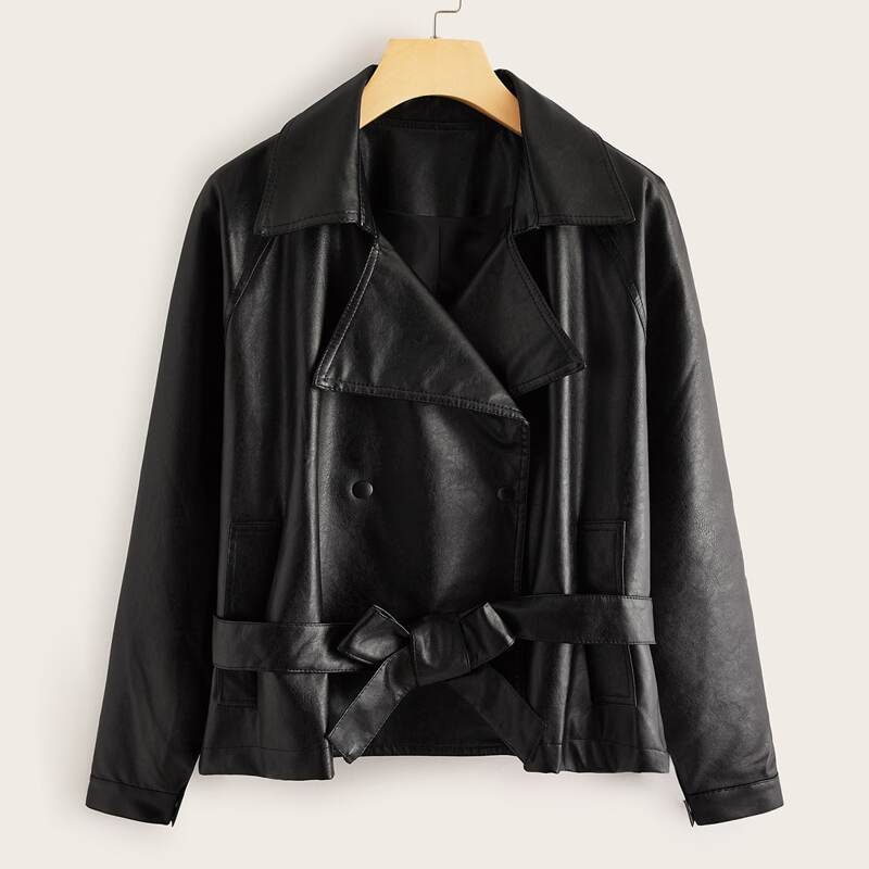 

PU Lapel Neck Button Through Belted Biker Jacket, Black