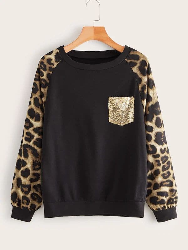 

Plus Leopard Print Contrast Sequins Sweatshirt, Black