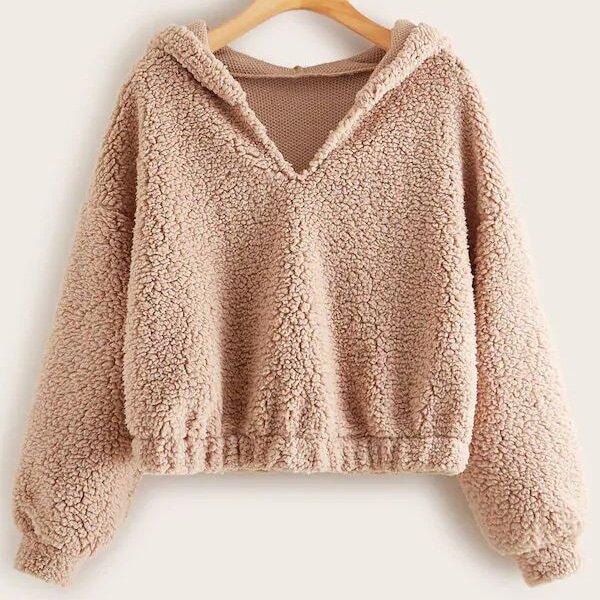 

Plus Solid Drop Shoulder Teddy Hoodie, Pink