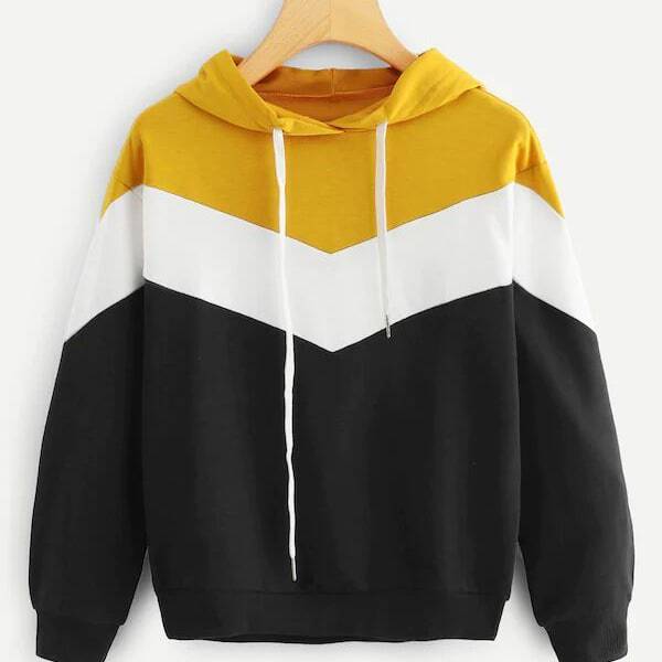 

Plus Colorblock Chevron Print Drawstring Hoodie, Multicolor