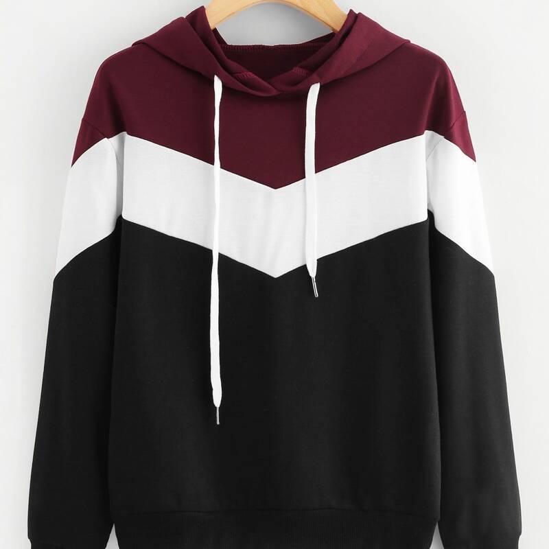 

Plus Colorblock Chevron Print Drawstring Hoodie, Multicolor