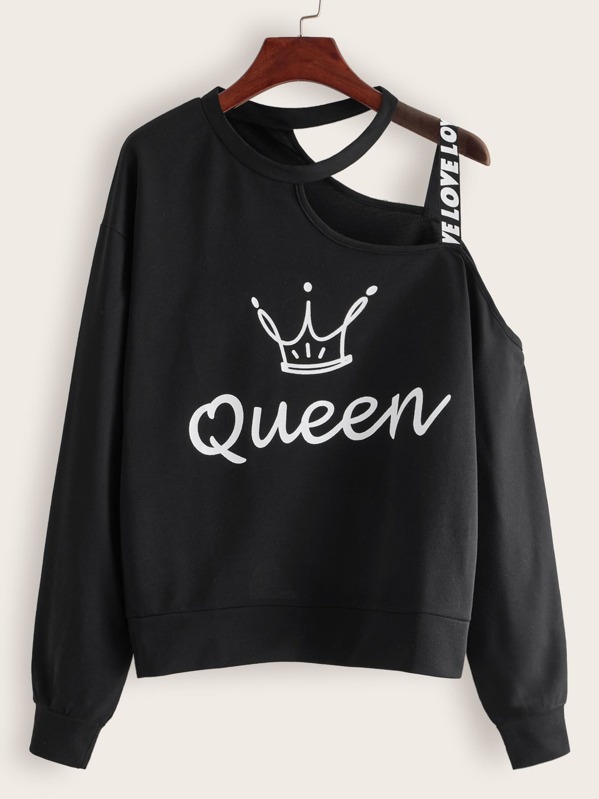 

Plus Letter Graphic Contrast Tape Sweatshirt, Black