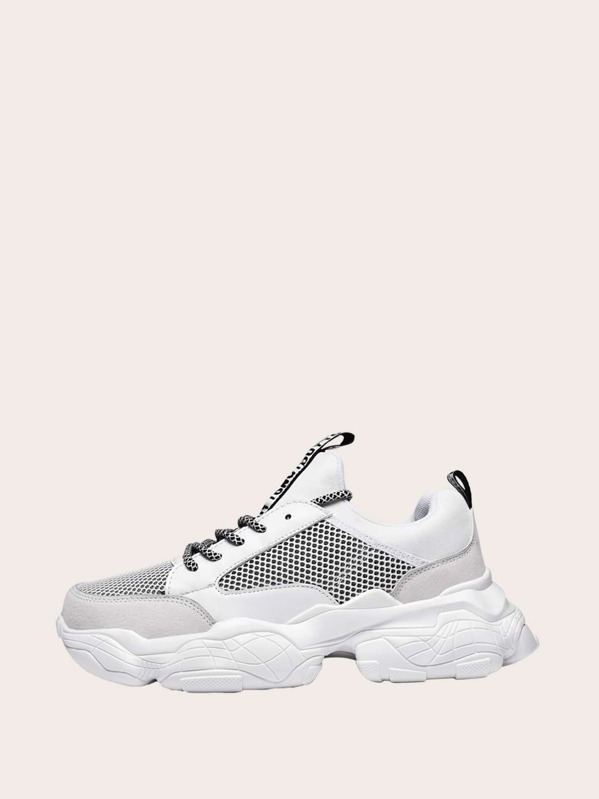 

Men Lace-up Front Mesh Panel Chunky Sneakers, White