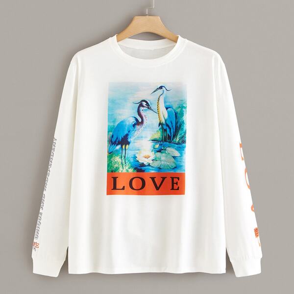 

Plus Crane Print Letter Graphic Tee, White