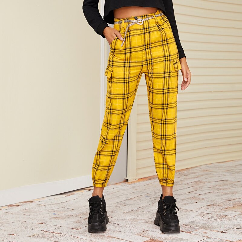 

Tartan Plaid Print Button Waist Cargo Pants, Yellow