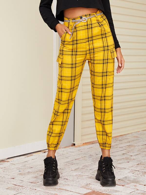 

Tartan Plaid Print Button Waist Cargo Pants, Yellow, Giulia