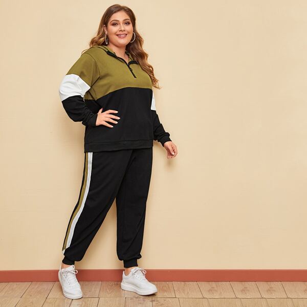 

Plus Colorblock Zip Half Hoodie & Sweatpants Set, Multicolor