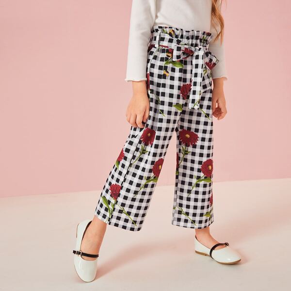 

Toddler Girls Floral And Gingham Paperbag Pants, Black and white
