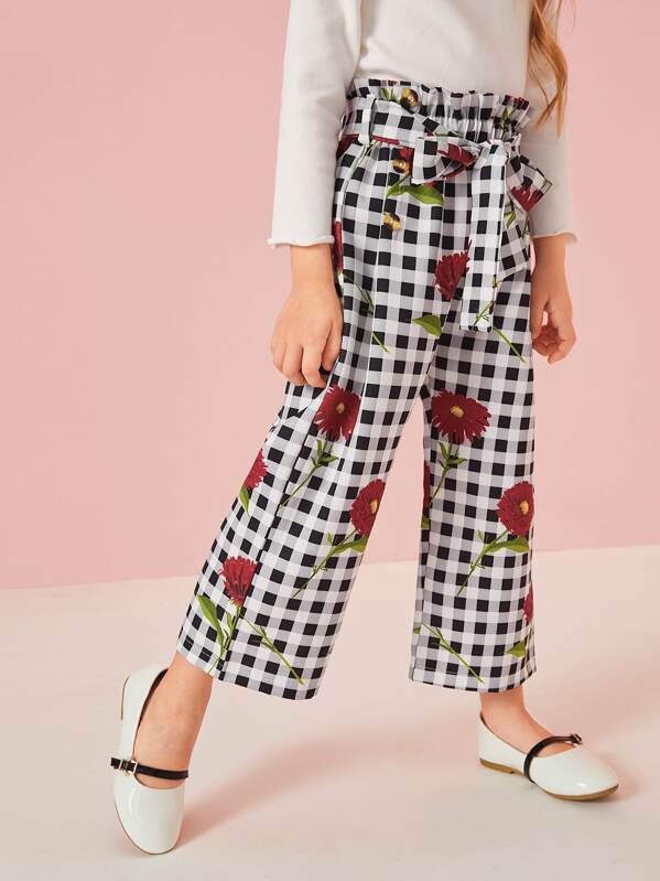 

Toddler Girls Floral And Gingham Paperbag Pants, Black and white, Sofia B