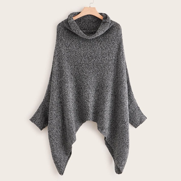 

High Neck Asymmetrical Hem Sweater, Grey