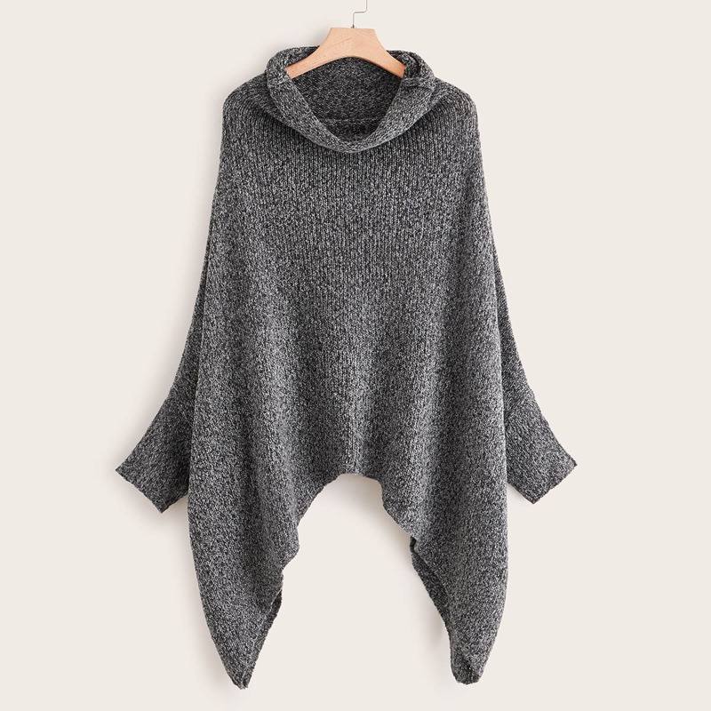 

High Neck Asymmetrical Hem Sweater, Grey