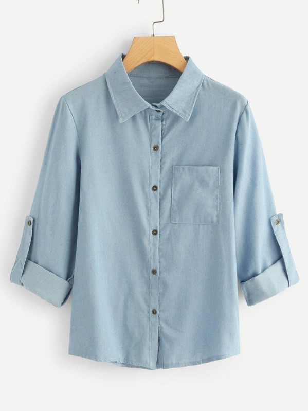 

Plus Button Through Patched Pocket Denim Blouse, Blue