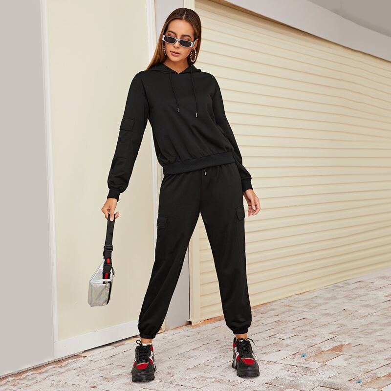

Pocket Side Drawstring Hoodie & Sweatpants, Black