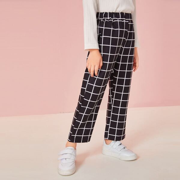 

Toddler Girls Grid Plaid Straight Pants, Black and white