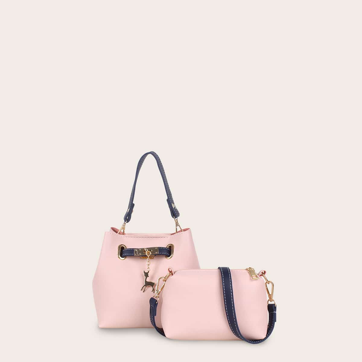 

2pcs Deer Charm Tote Bag With Crossbody Bag, Pink