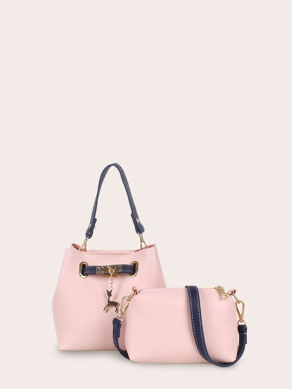 

2pcs Deer Charm Tote Bag With Crossbody Bag, Pink