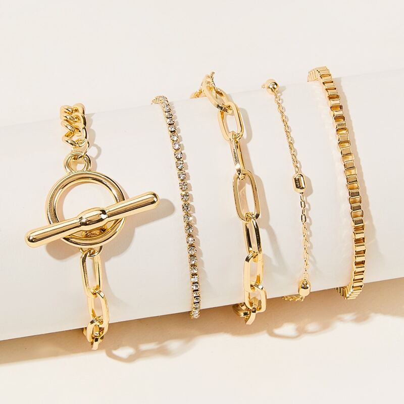 

5pcs Rhinestone & Chain Link Bracelet, Gold