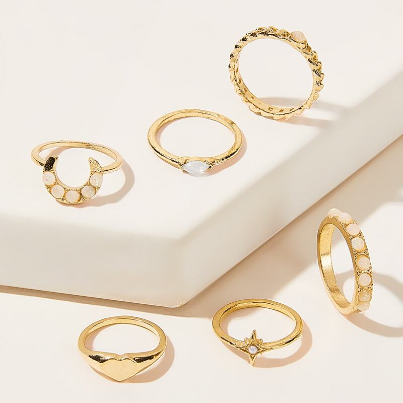 

6pcs Moon & Heart Decor Ring Set, Gold