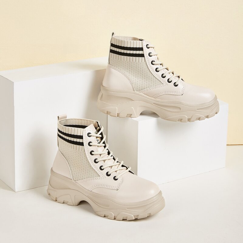 

Lace-up Front Striped Ankle Boots, Beige
