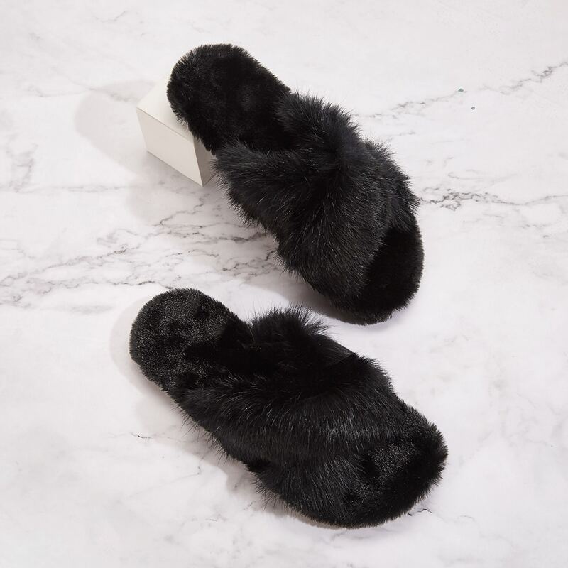 

Faux Fur Flat Slippers, Black