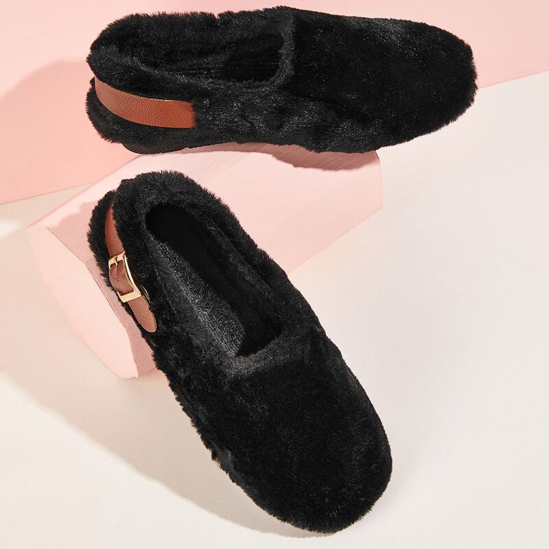 

Buckle Strap Decor Faux Fur Slip On Flats, Black