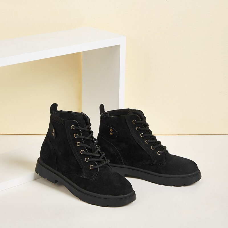 

Lace-up Front Flat Lug Sole Ankle Boots, Black
