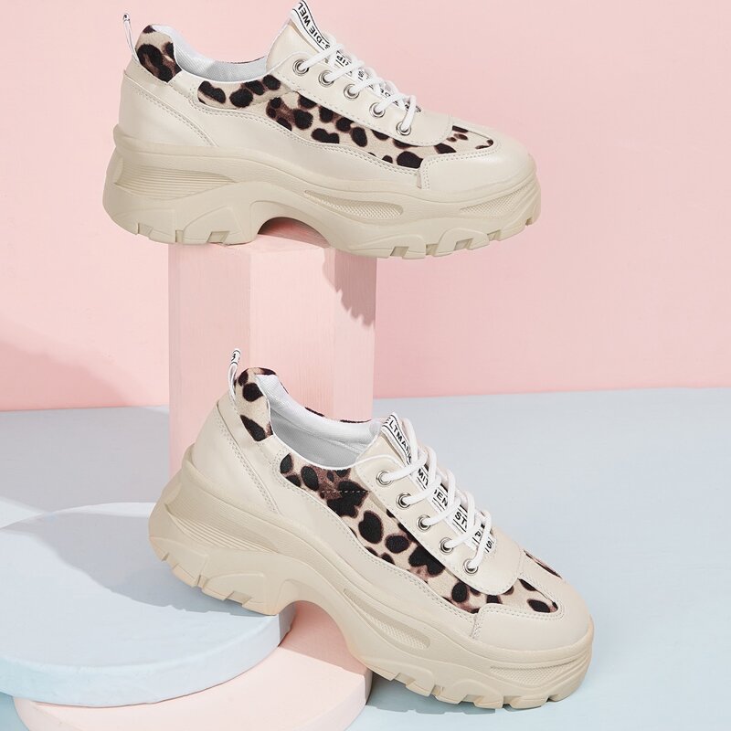

Leopard Print Lace-up Chunky Sole Trainers, Beige