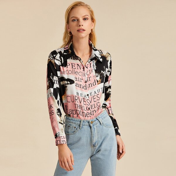 

Color-block Letter Print Button Front Blouse, Multicolor