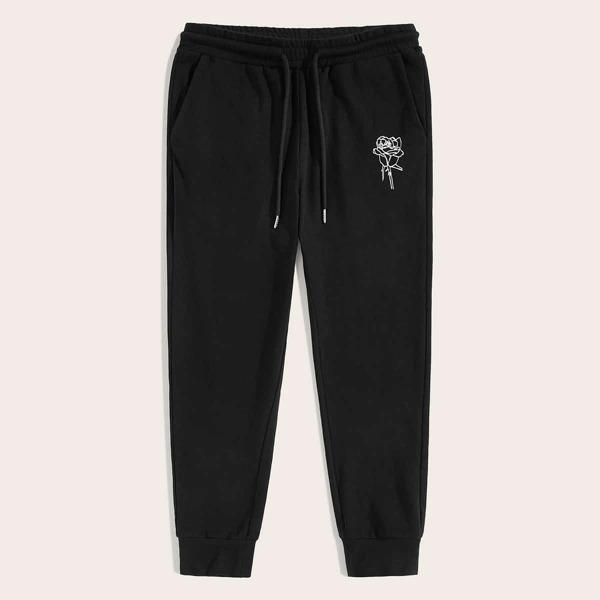 

Men Rose Print Drawstring Waist Sweatpants, Black