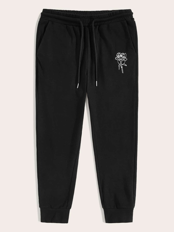 

Men Rose Print Drawstring Waist Sweatpants, Black