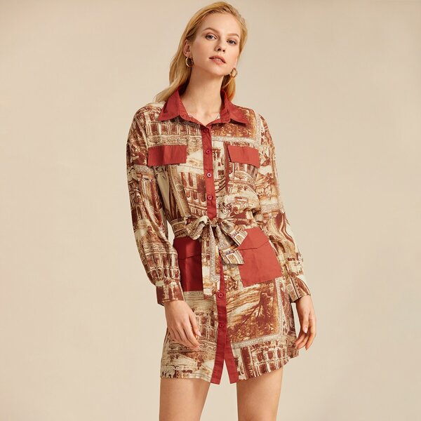 

Contrast Panel Graphic Belted Shirt Dress, Multicolor