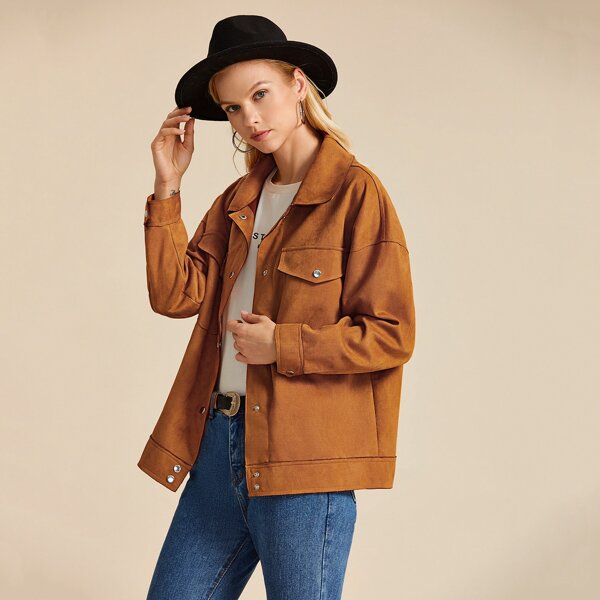 

Suede Flap Pockets Popper Front Coat, Camel