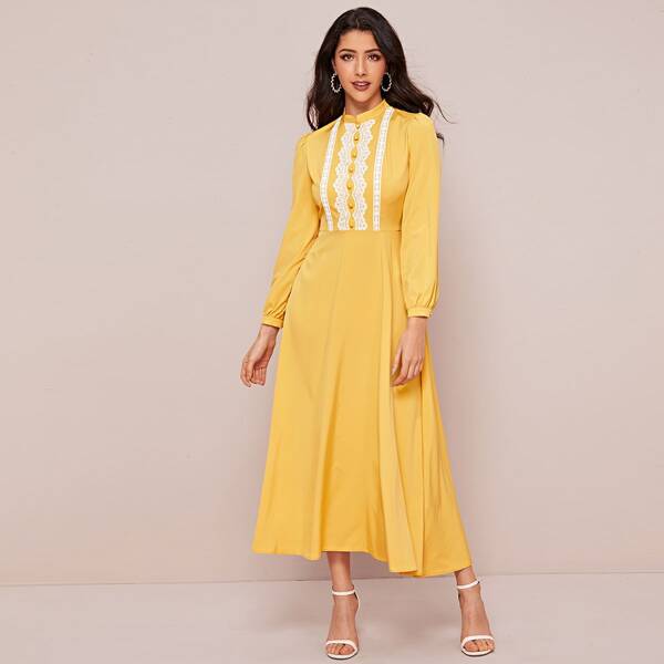 

Notch Stand Collar Lace Trim Dress, Yellow bright
