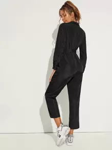 Zipper Front O-ring Belted Windbreaker Jumpsuit - Black - View 2