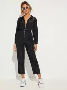 Zipper Front O-ring Belted Windbreaker Jumpsuit - Black - View 3