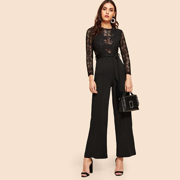 

Guipure Lace Panel Self Tie Wide Leg Jumpsuit